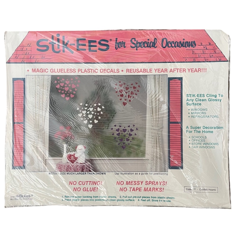 Vtg Stik-ees Window Clings confetti hearts code yy 90s Teacher School valentine